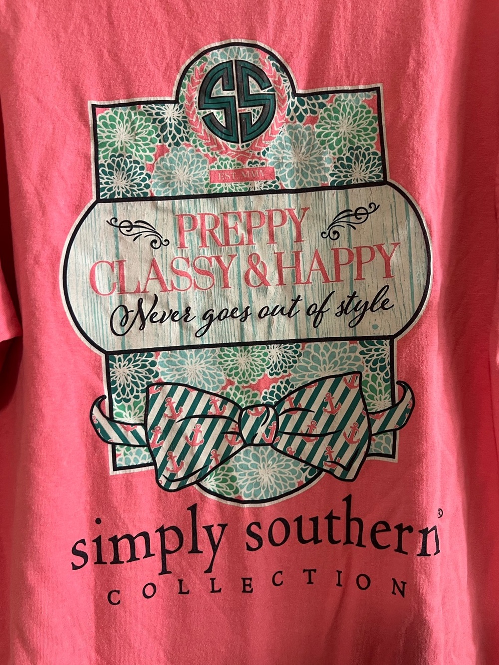 Simply Southern Preppy Classy & Happy Bow Tie Graphic T-Shirt Pink